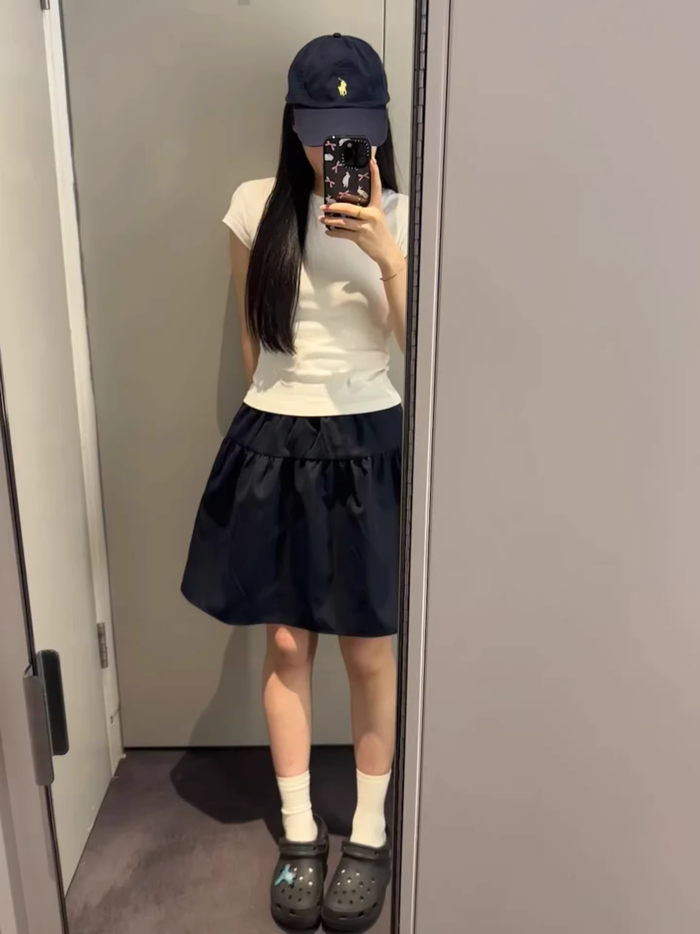 Váy ngắn màu xanh hải quân kiểu Nhật dành cho nữ, cỡ lớn mùa hè, lưng cao, tôn dáng, váy chữ A dáng ngắn, kiểu dáng giản dị.