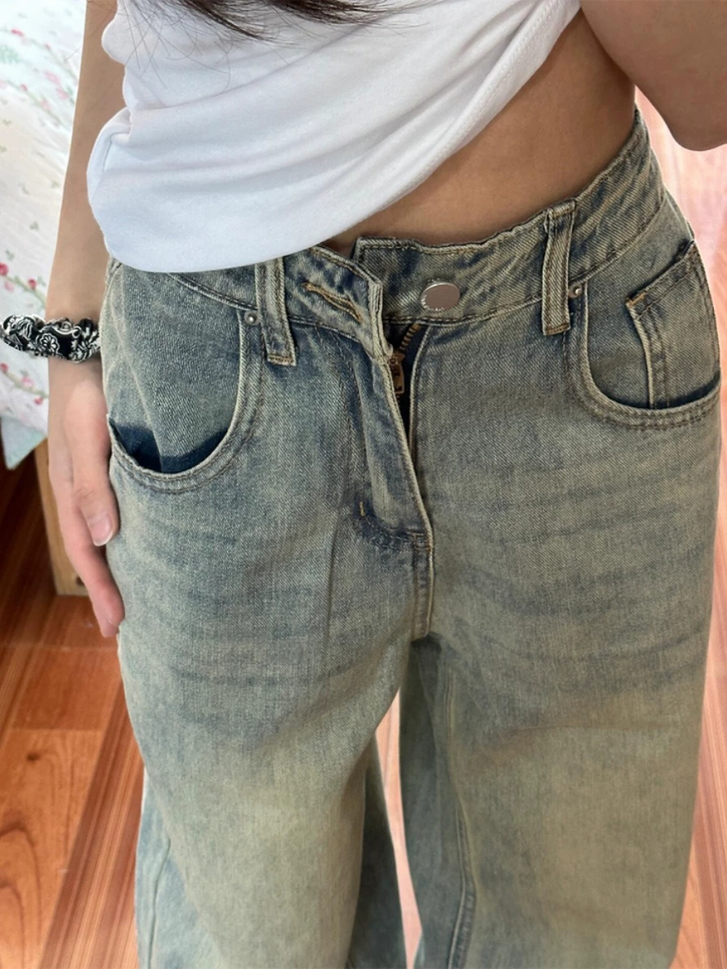 Quần jean ống rộng kiểu Mỹ cổ điển dành cho nữ, đầu thu, cỡ lớn, lưng cao, dáng rộng, giảm béo, dáng quả lê, quần ống thẳng