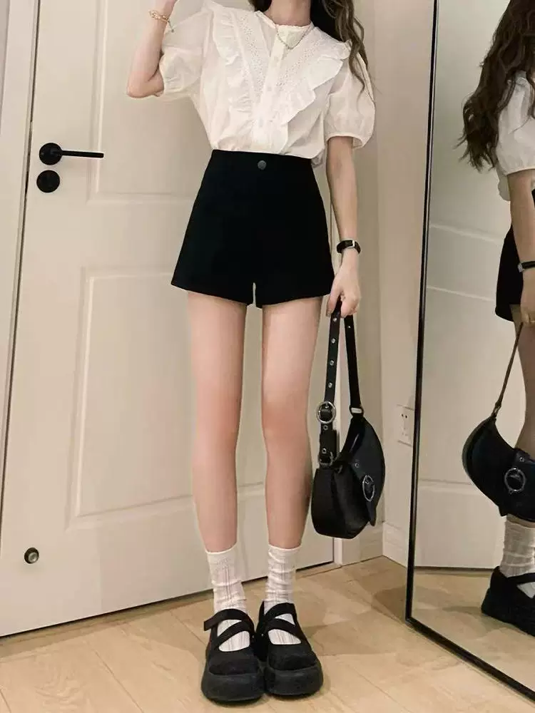 Quần short denim đen dáng quả lê dành cho nữ, size lớn mùa hè, lưng cao, co giãn, che hông, quần bó sát nâng mông chữ A