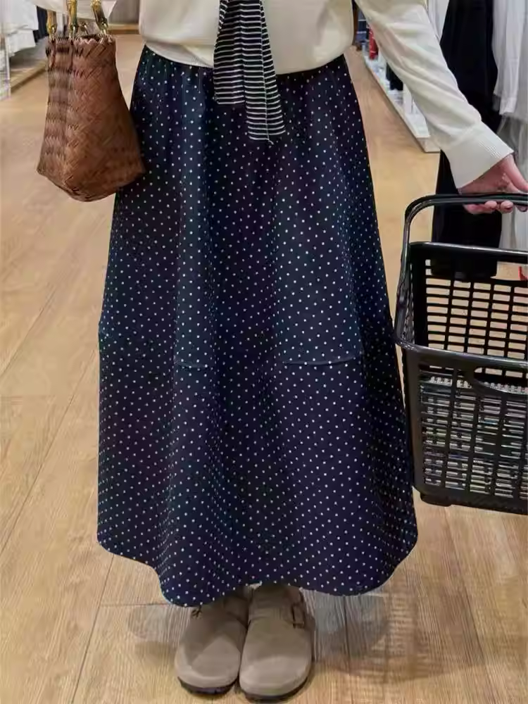 Váy chấm bi màu xanh hải quân dành cho nữ, cỡ lớn mùa hè, lưng cao, che hông, giảm béo, dáng quả lê, váy midi chữ A