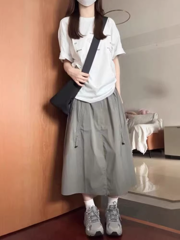 Váy bảo hộ lao động màu xanh xám dành cho nữ, cỡ lớn mùa hè, lưng cao, dáng rộng, thon gọn, dáng quả lê, váy chữ A dáng dù thông thường