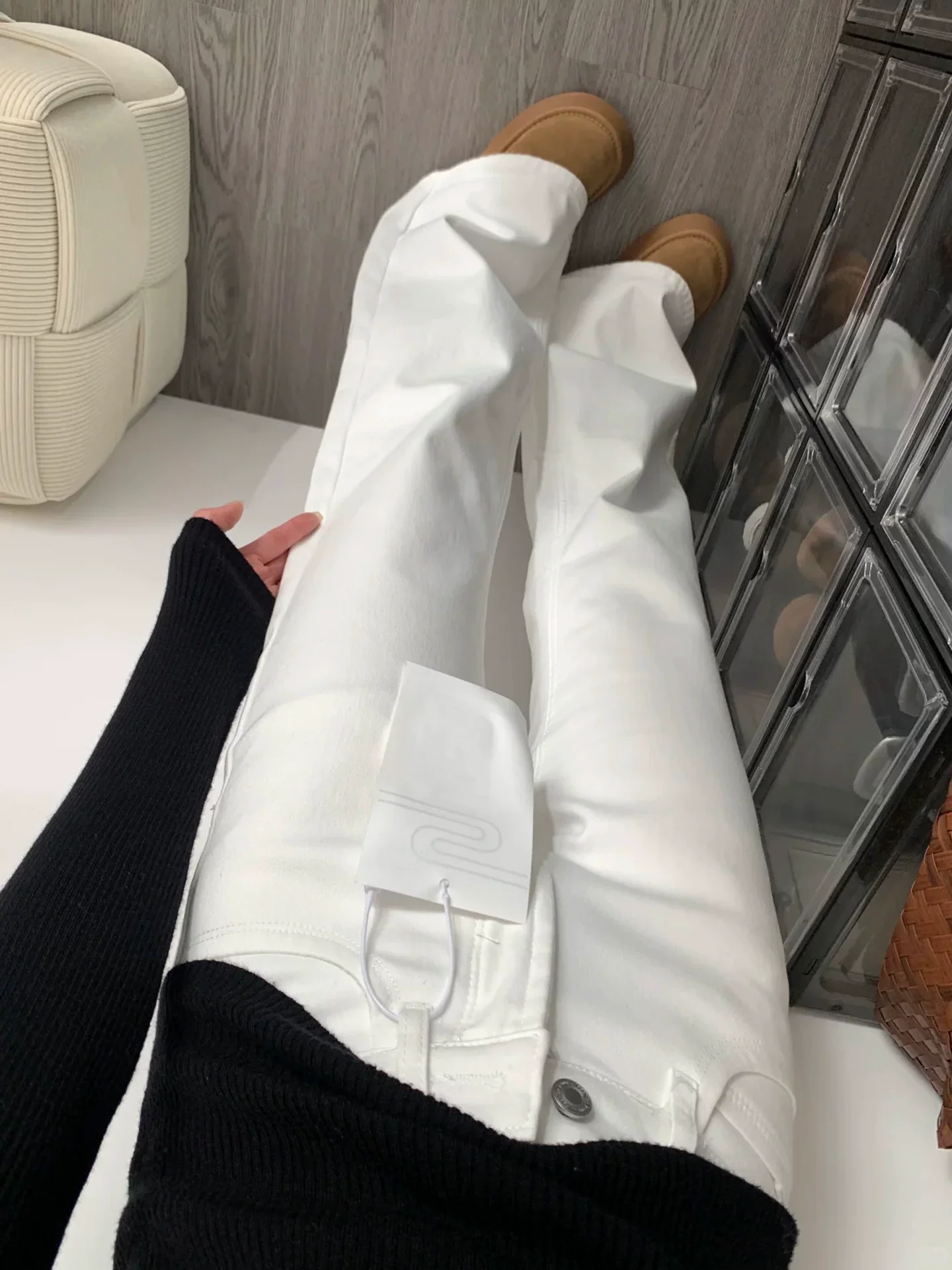 Quần jean ống loe cạp cao dày dặn lót lông cừu màu trắng dành cho nữ, mùa thu đông, cỡ lớn, co giãn, che hông, quần dài ống loe