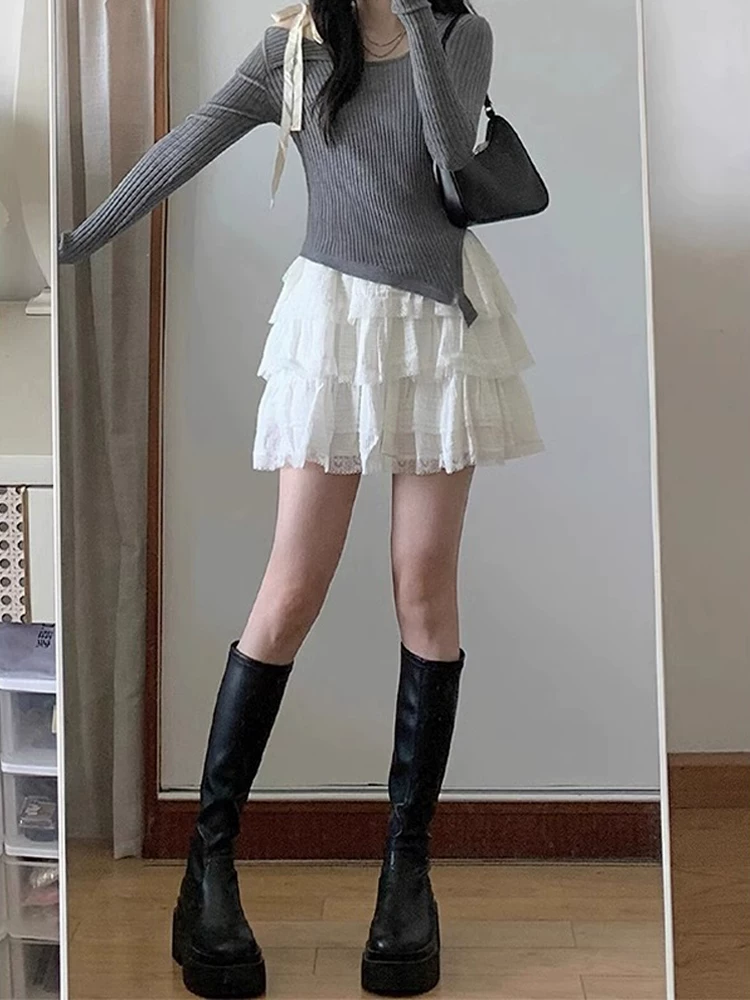 Váy bánh bèo ren trắng cho nữ, size lớn mùa hè, lưng cao, che hông, váy chữ A thon gọn.