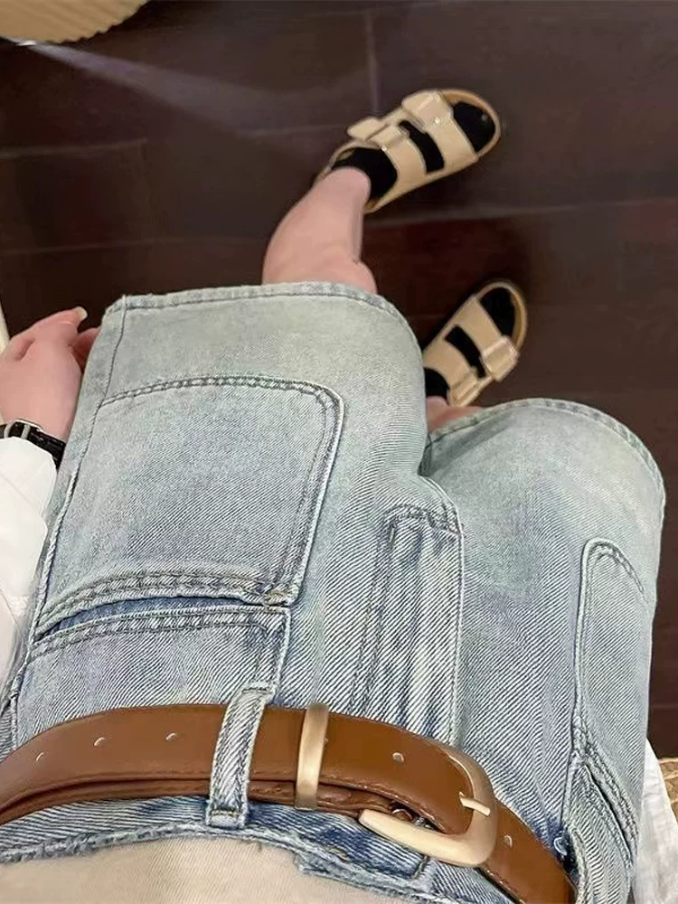 Quần short denim dáng chữ A dành cho nữ, size lớn mùa hè, cạp cao, che hông, giảm béo, dáng nhỏ nhắn, quần ống rộng