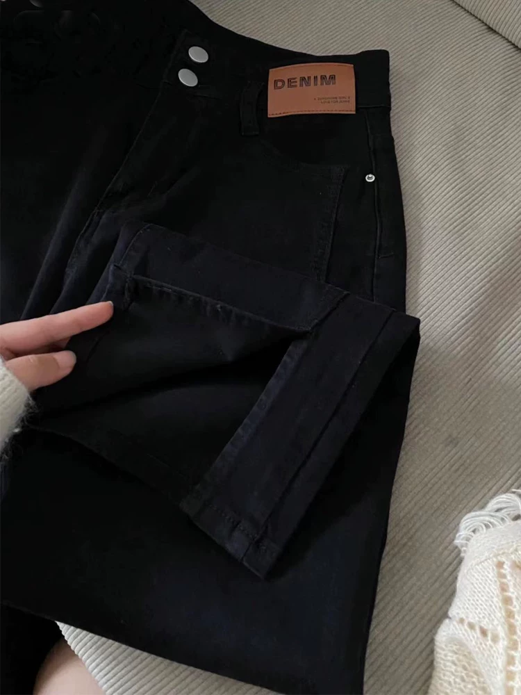 Quần jean dáng quả lê dành cho nữ, phong cách đầu thu, cỡ lớn, lưng cao, co giãn, che hông, giảm béo, ống thẳng, quần lửng.