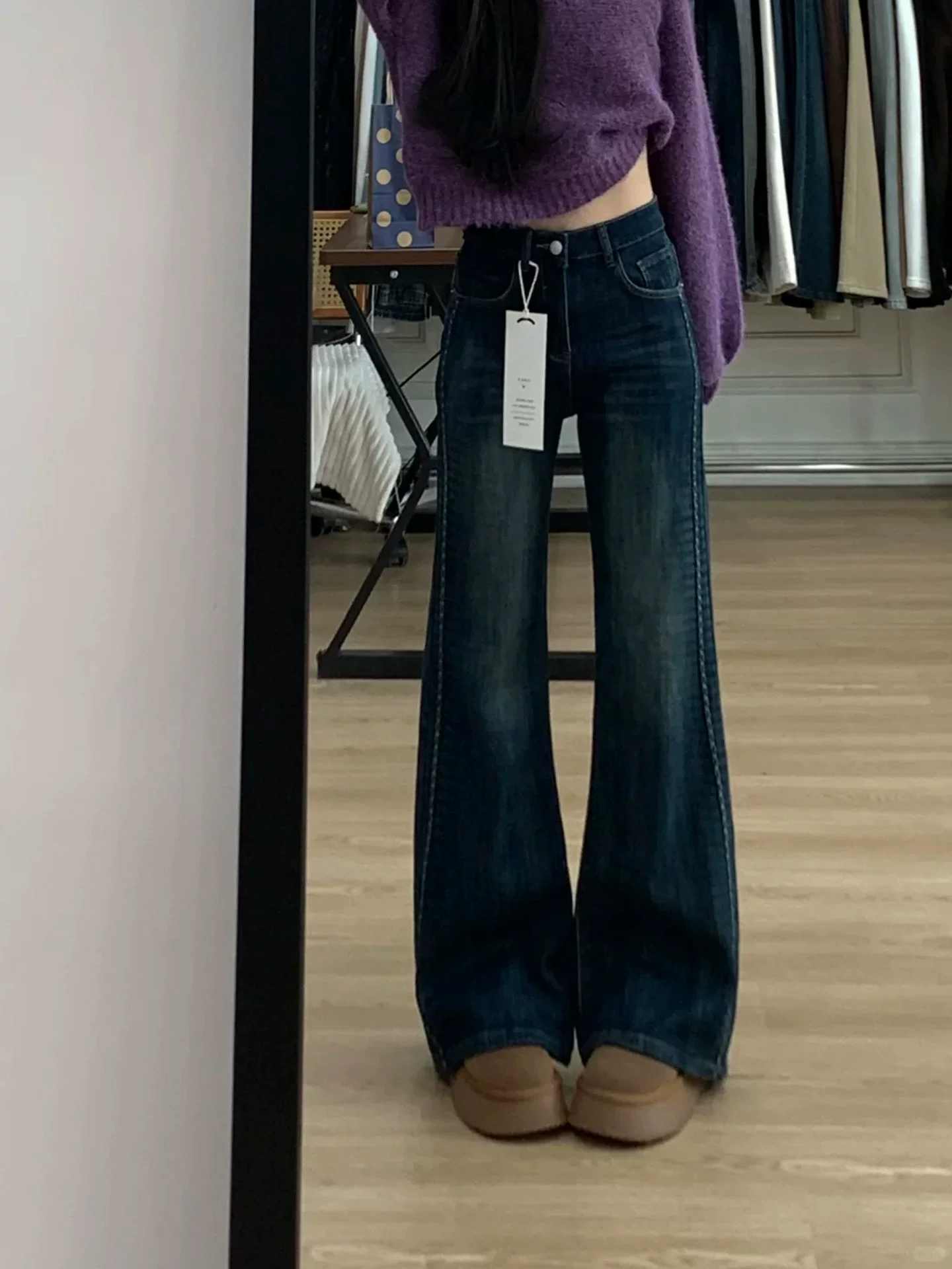 Quần jean ống loe dày lót lông màu xanh xám kiểu Mỹ dành cho nữ, mùa đông, cỡ lớn, lưng cao, dáng rộng, thon gọn, không bó sát ở chân, quần ống loe