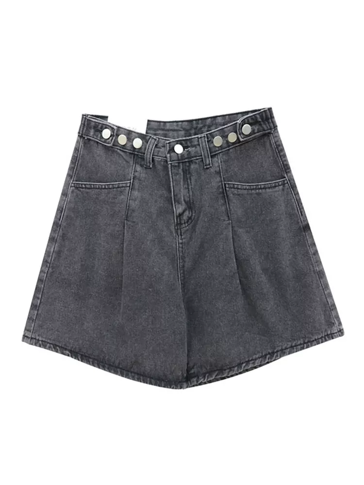 Quần short denim lưng cao cỡ lớn dành cho nữ, kiểu dáng mùa hè mới, dáng quả lê, dáng rộng, tôn dáng, quần năm điểm, quần ống rộng chữ A.
