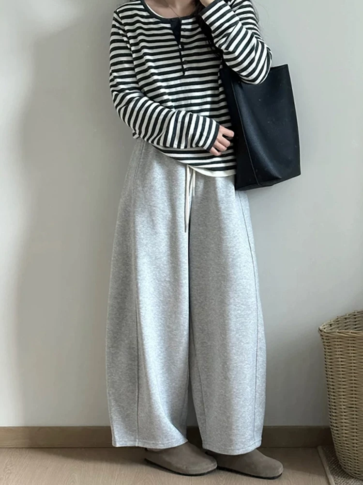 Quần ống rộng màu xám cho nữ, mùa thu, cỡ lớn, lưng cao, quần rộng rãi, quần lửng dáng nhỏ, quần thể thao cây dương