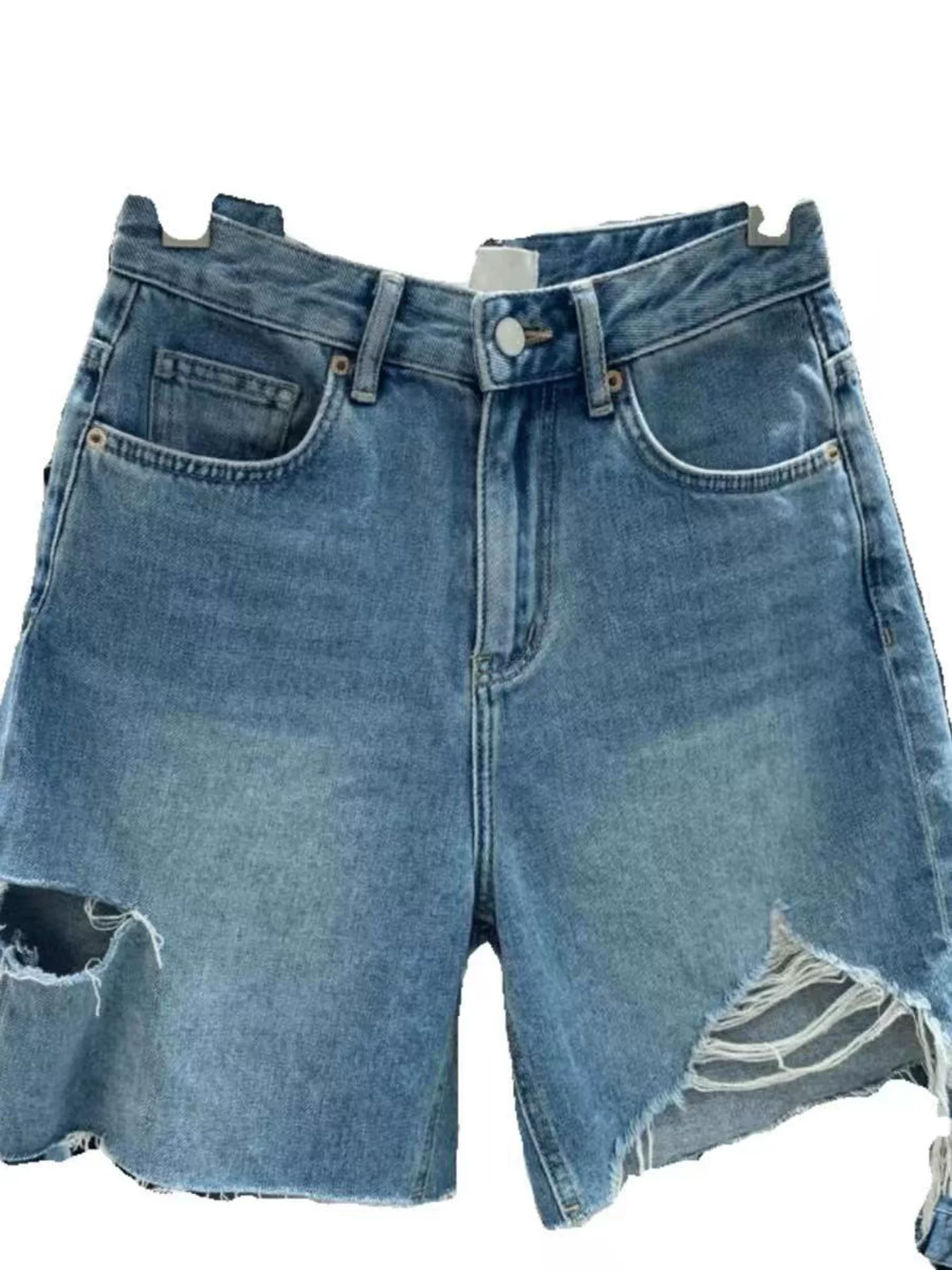 Quần short denim rách viền thô dành cho nữ, size lớn mùa hè, cạp cao, dáng rộng, tôn dáng, dành cho người có thân hình quả lê, quần ống rộng năm phần