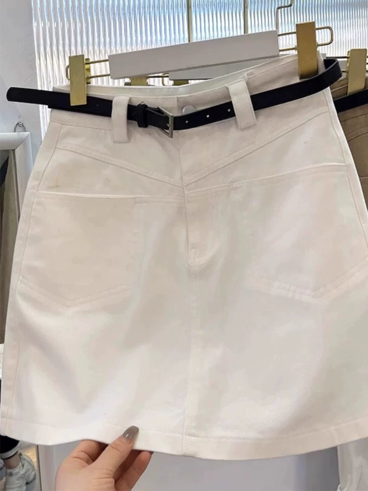 Váy công sở màu kaki dành cho nữ, cỡ lớn mùa hè, váy nửa thân denim, lưng cao, che hông, váy bút chì chữ A thon gọn, váy ngắn.