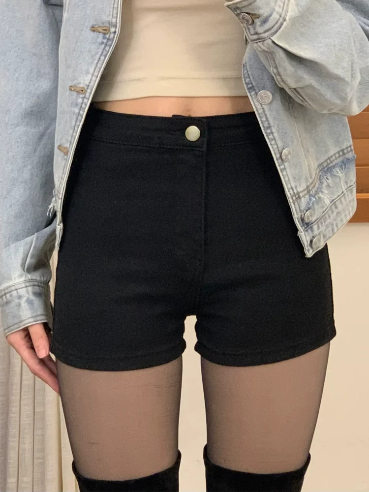 Quần short denim đen cho nữ, cỡ lớn mùa hè, lưng cao, co giãn, che hông, giảm béo, dáng quả lê, quần chữ A