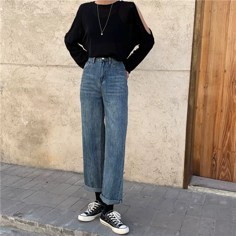 Quần jean ống đứng dáng quả lê dành cho nữ, phong cách mới đầu thu, quần ống rộng cạp cao dáng rộng cỡ lớn, quần ống rộng cỡ lớn.