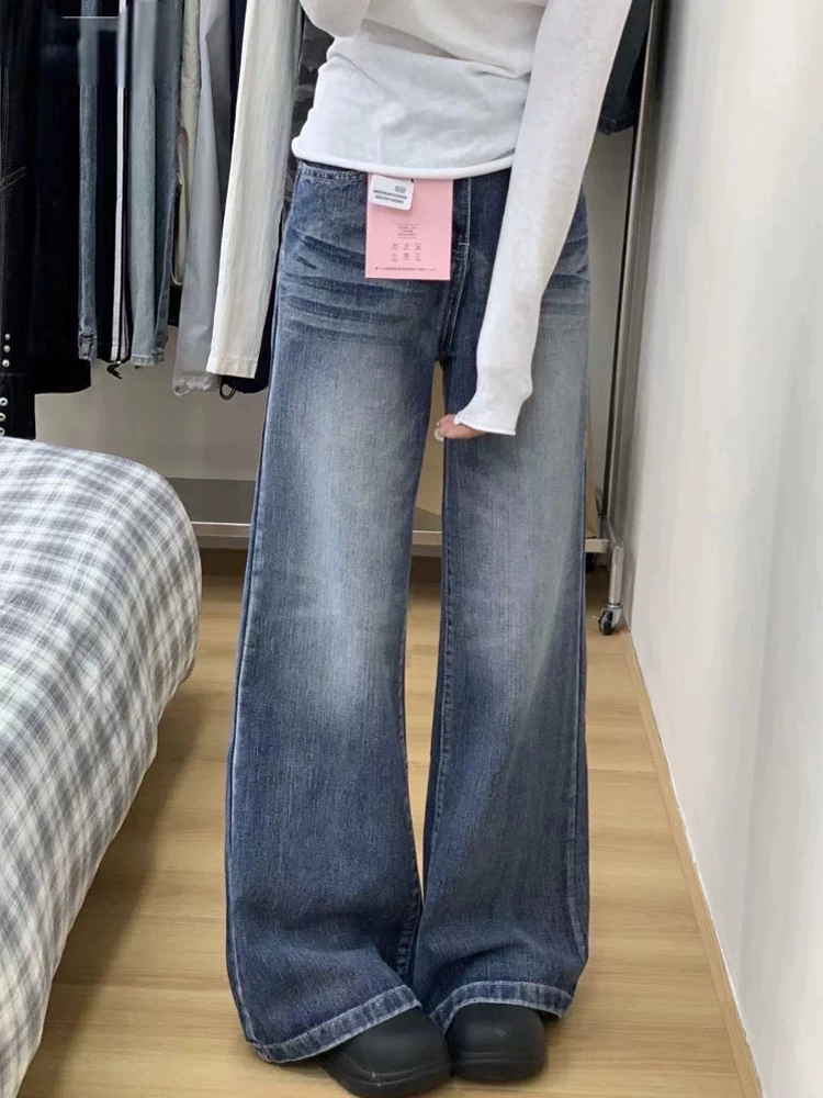 Quần jeans ống loe dáng thẳng kiểu Mỹ cổ điển dành cho nữ, thu đông 2024, size lớn, cạp cao, rộng rãi, tôn dáng