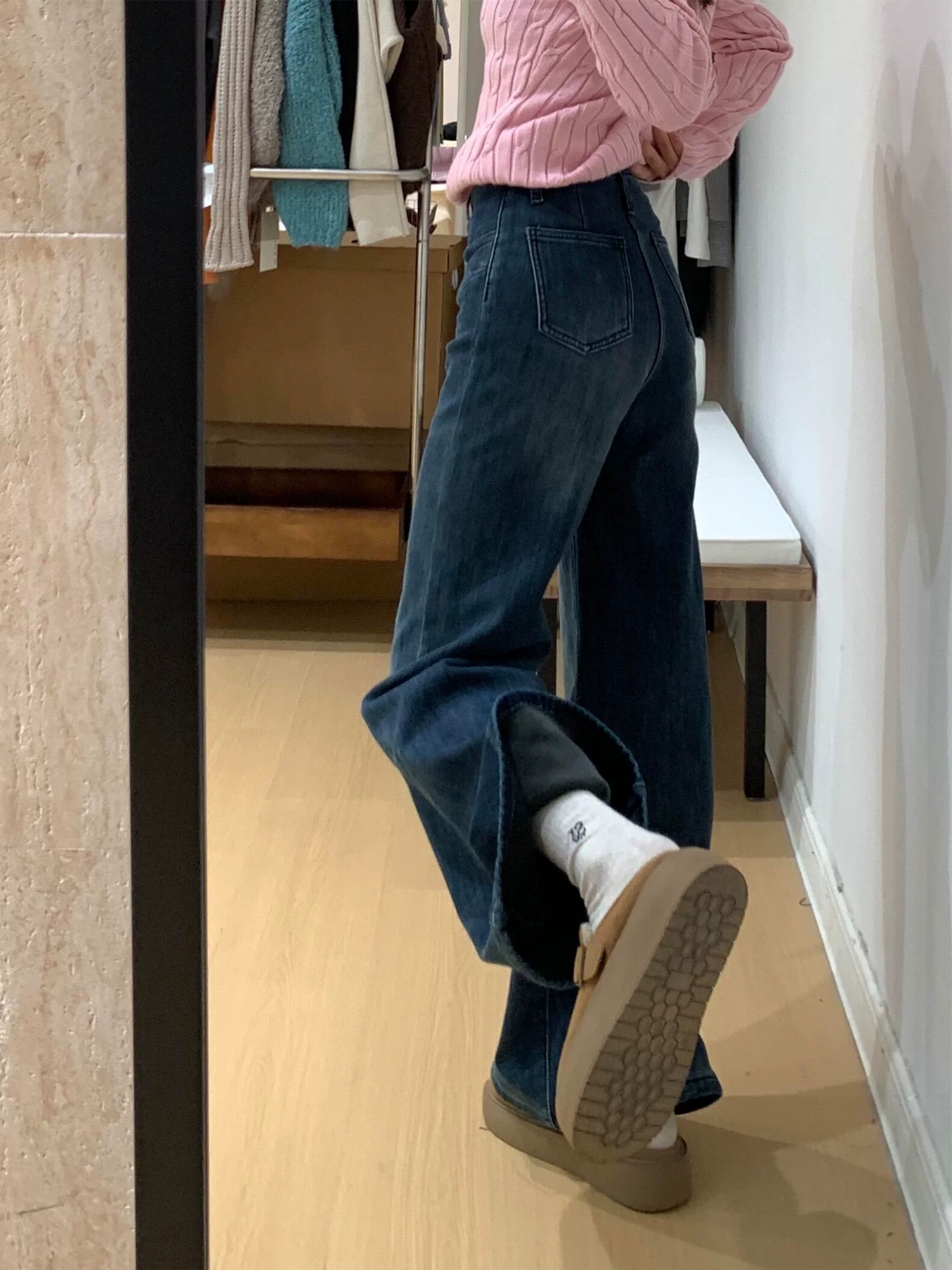 Quần jean ống loe dày lót lông màu xanh đậm dành cho nữ, mùa đông, cỡ lớn, lưng cao, dáng rộng, giảm béo, dáng quả lê, quần ống chuông