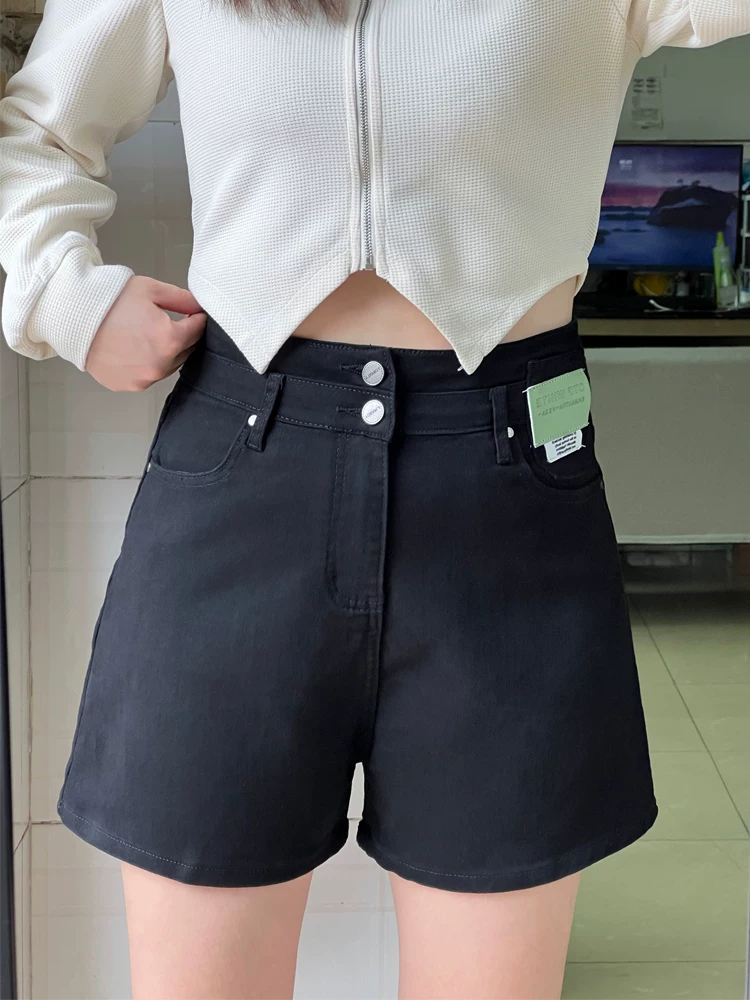 Quần short denim dáng quả lê dành cho nữ, kiểu dáng mỏng mùa hè, cỡ lớn, lưng cao, co giãn, che hông, quần ống rộng chữ A tôn dáng