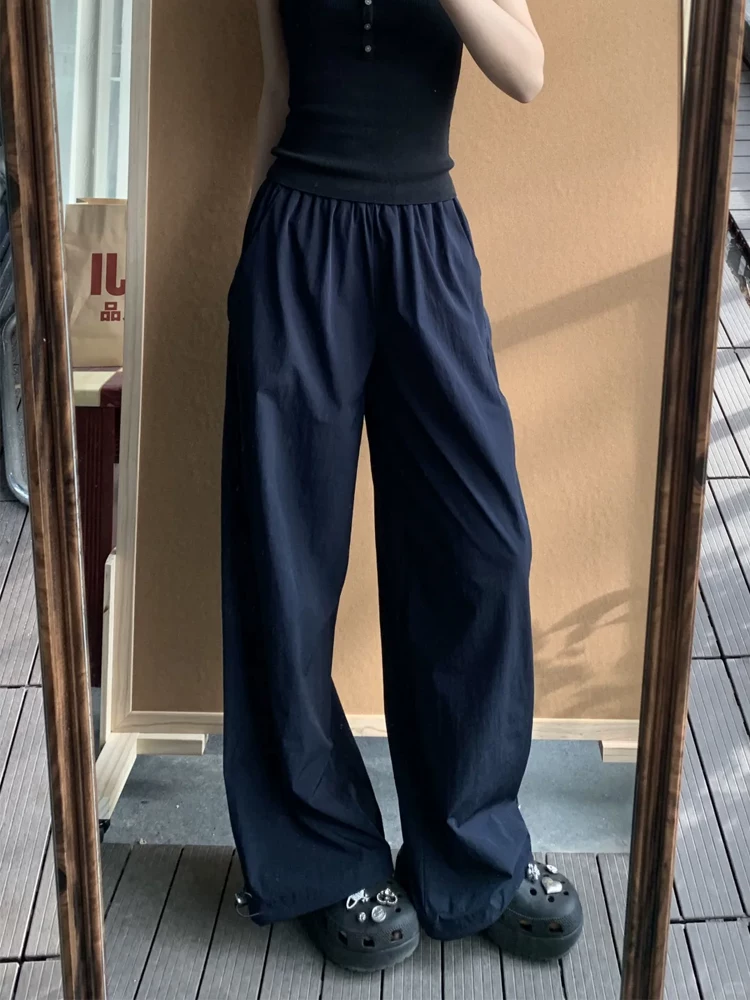 Quần cargo ống thẳng màu xanh hải quân dành cho nữ, phong cách cổ điển Mỹ, cỡ lớn mùa hè, lưng cao, dáng rộng, dáng suông, quần ống rộng thông thường.
