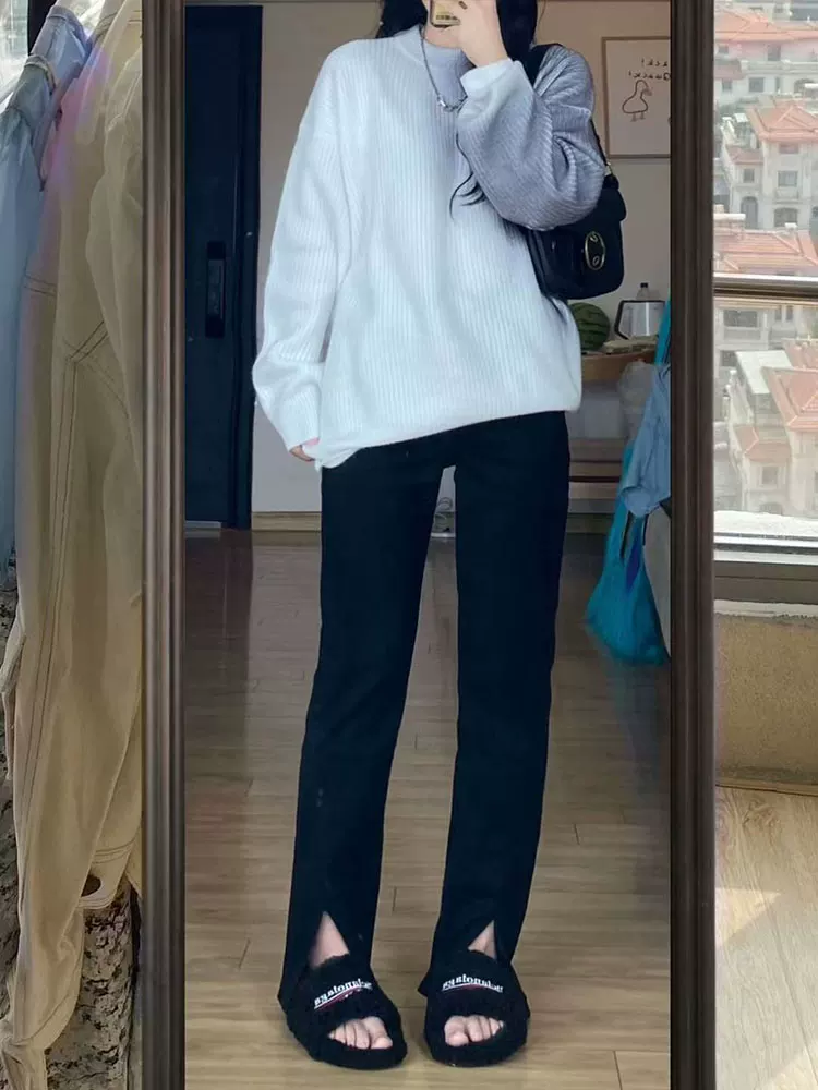 Quần jean co giãn đa năng màu đen hình quả lê dành cho nữ phong cách đầu thu cỡ lớn quần ống rộng thẳng có đường xẻ eo cao giúp giảm béo