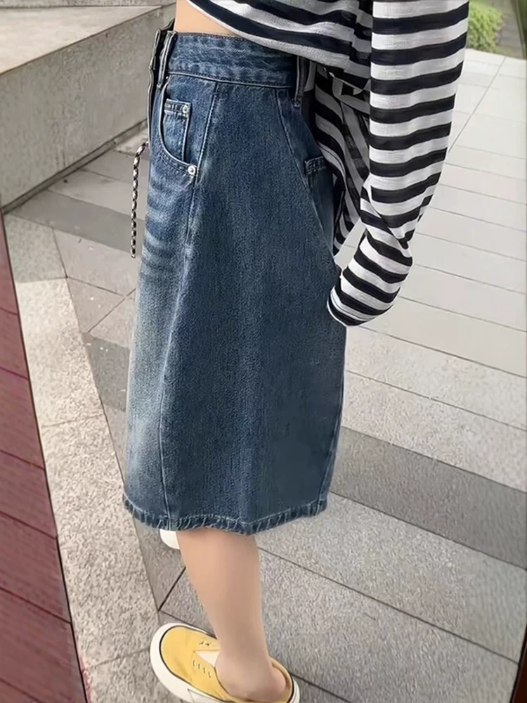 Quần short denim cổ điển dáng quả lê dành cho nữ, cỡ lớn mùa hè, lưng cao, dáng rộng, che hông, giảm béo, quần ống rộng năm điểm