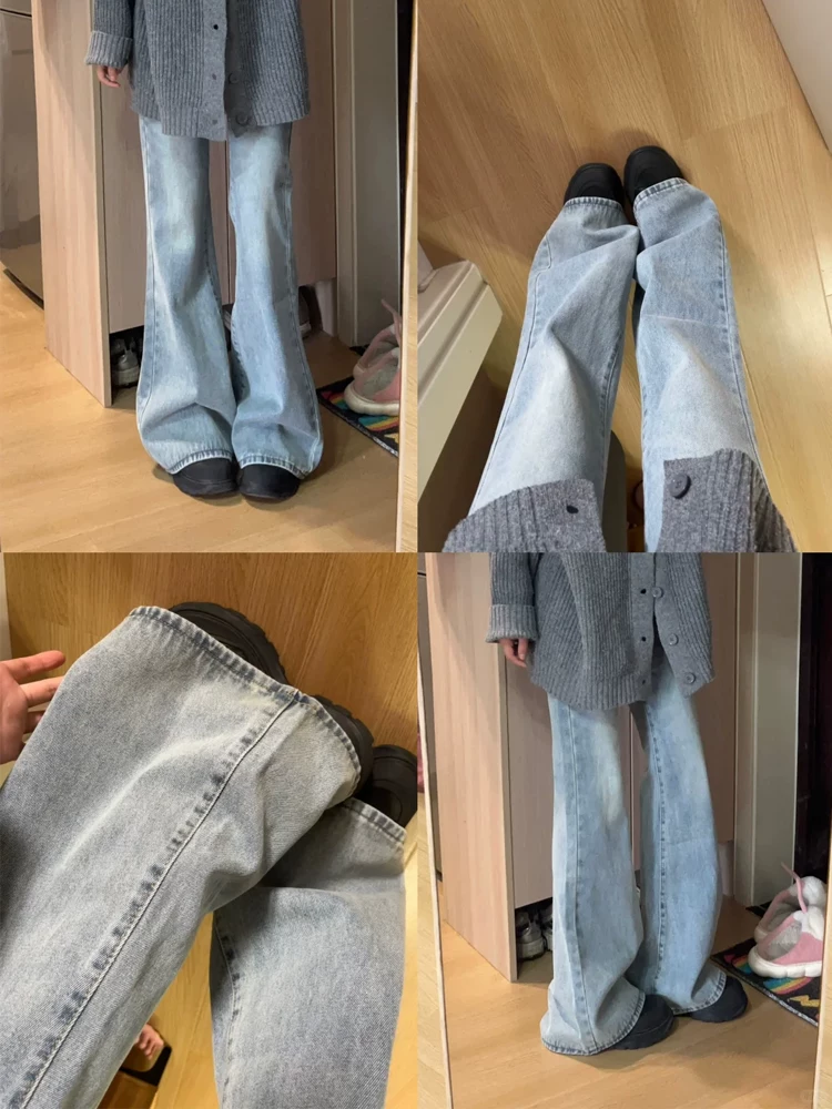 Quần jeans nữ màu sáng, kiểu dáng mới thu đông 2025, size lớn, cạp cao, rộng rãi, tôn dáng, ống rộng, dài chạm sàn