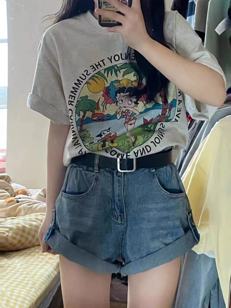 Thân hình quả lê, quần short denim viền cuốn dành cho nữ, cỡ lớn mùa hè, lưng cao, dáng rộng, che hông, giảm béo, quần ống rộng dáng chữ A