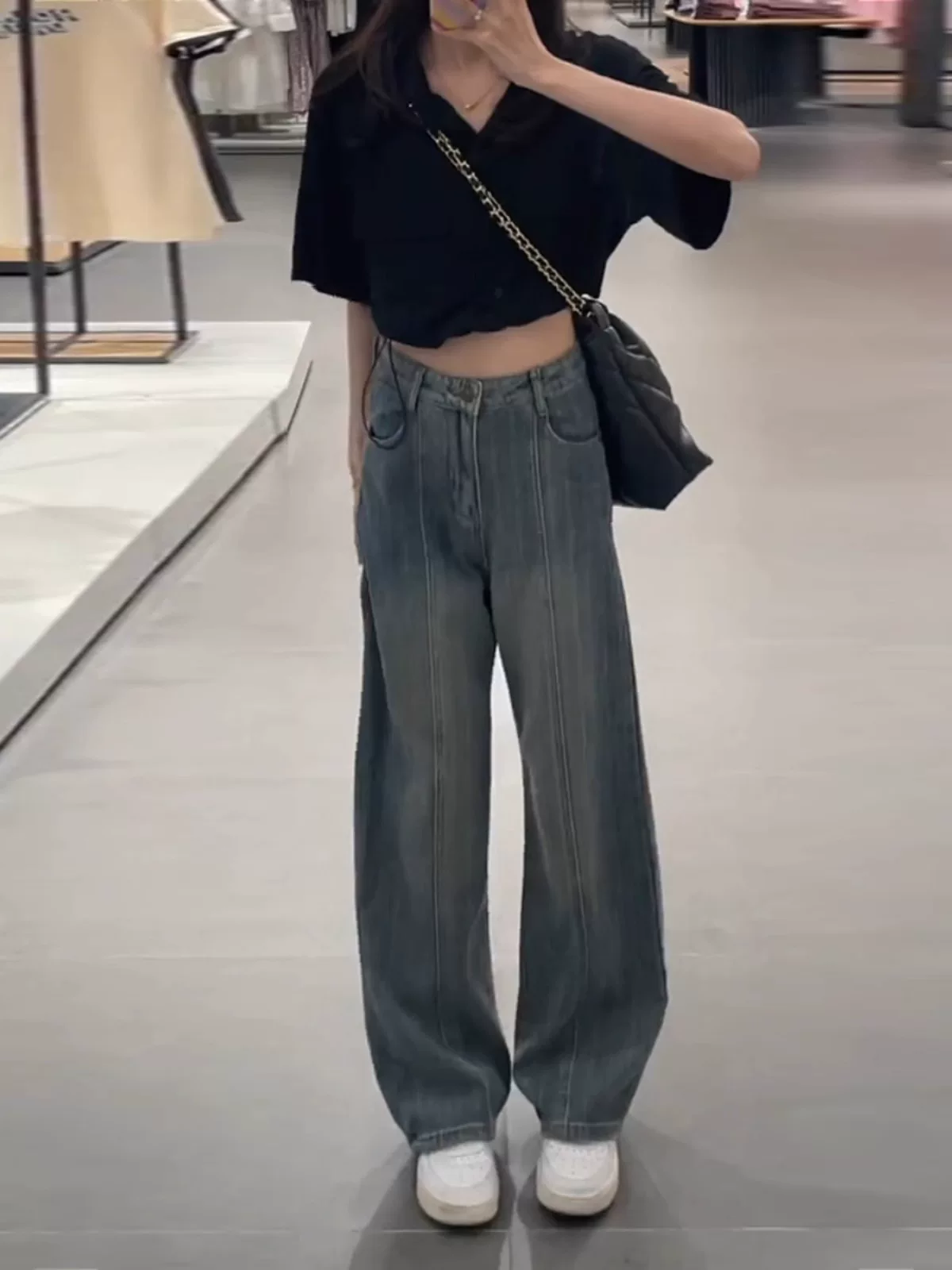 Quần jean ống đứng cổ điển dành cho nữ, cỡ lớn, thiết kế đầu thu, lưng cao, dáng rộng, che hông, giảm béo, quần ống rộng