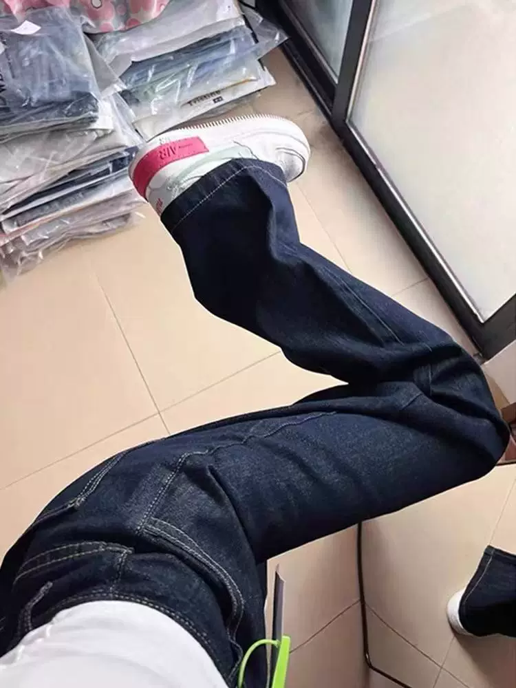 Quần jeans ống rộng màu xanh đậm dành cho nữ, xuân 2025, size lớn, cạp cao, dáng rộng, tôn dáng, dành cho người có dáng quả lê, quần ống thẳng