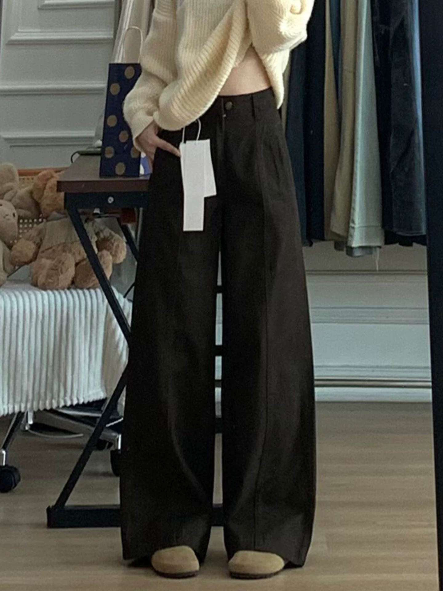 Quần jean ống đứng màu cà phê Melard dành cho nữ, mùa thu đông, cỡ lớn, lưng cao, dáng rộng, giảm béo, dáng quả lê, quần ống rộng