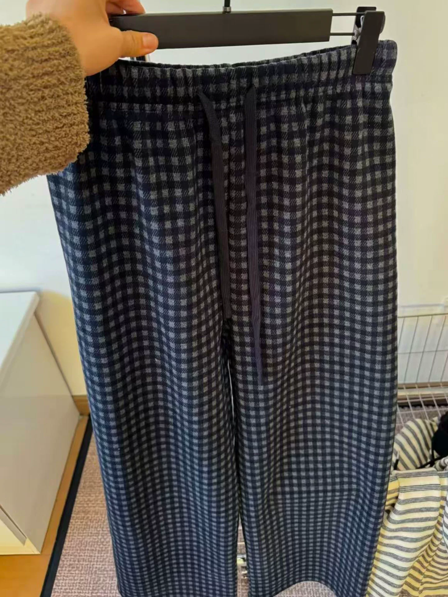 Quần kẻ sọc len lười biếng kiểu cổ điển dành cho nữ vào mùa thu đông, cỡ lớn, eo cao, dáng rộng, tạo cảm giác thon gọn, quần ống rộng thẳng