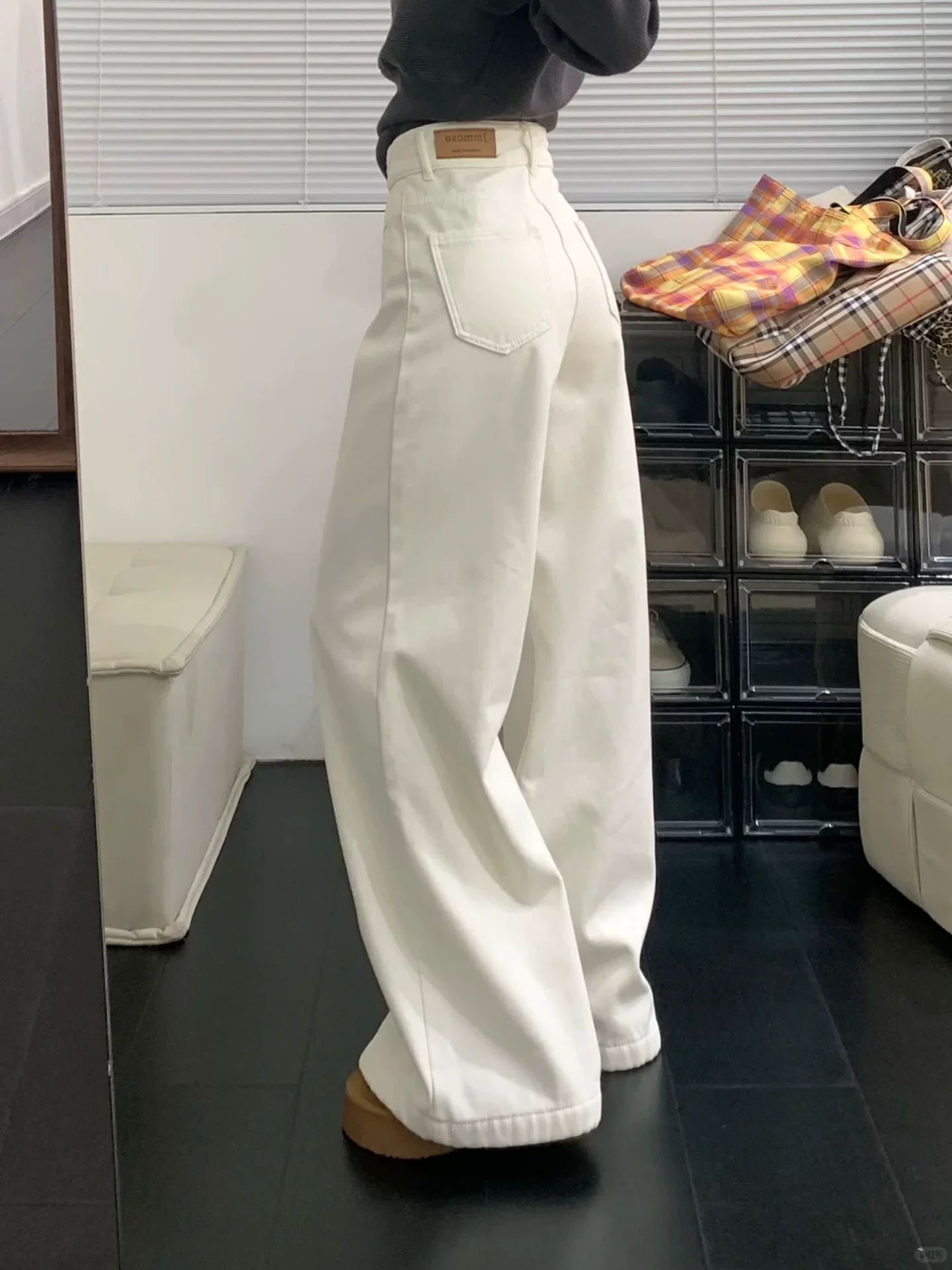 Quần jean trắng lưng cao ống rộng cho nữ, mùa đông, cỡ lớn, lót lông cừu, dày, rộng, thon gọn, dáng quả lê, quần dài chạm sàn