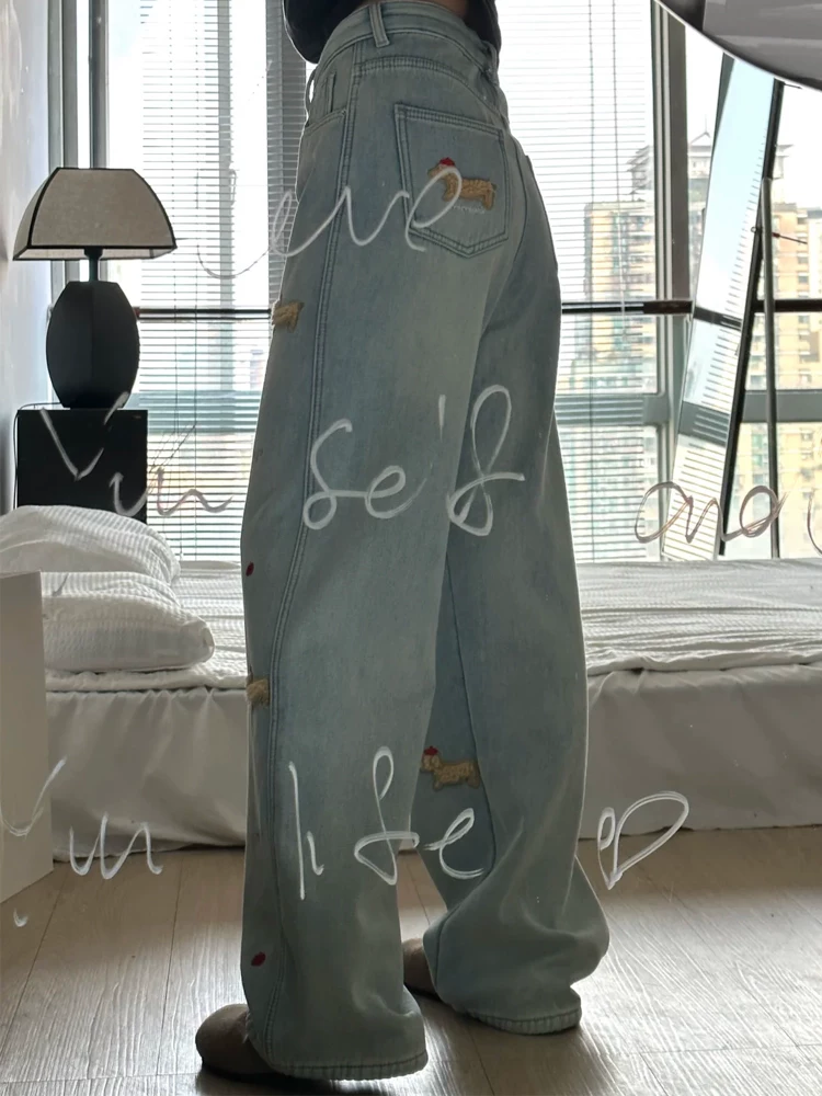 Quần jean ống thẳng dày lót lông cho chó Dachshund dành cho nữ, phong cách thu đông, cỡ lớn, lưng cao, dáng rộng, giảm béo, quần ống rộng