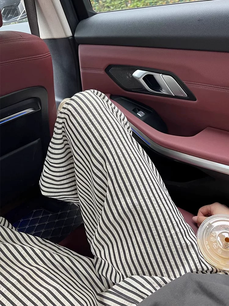 Quần sọc thường ngày dành cho nữ, kiểu dáng mỏng mùa hè, cỡ lớn, phong cách lười biếng, quần đi bộ, lưng cao, dáng rộng, xếp nếp, giảm béo, quần ống rộng.