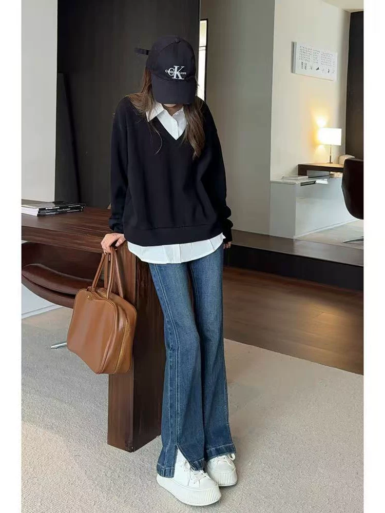 Quần ống loe dành cho nữ, kiểu dáng thu đông mới, cỡ lớn, lót lông cừu, dày dặn, cạp cao, che hông, co giãn, tôn dáng, quần denim ống loe.