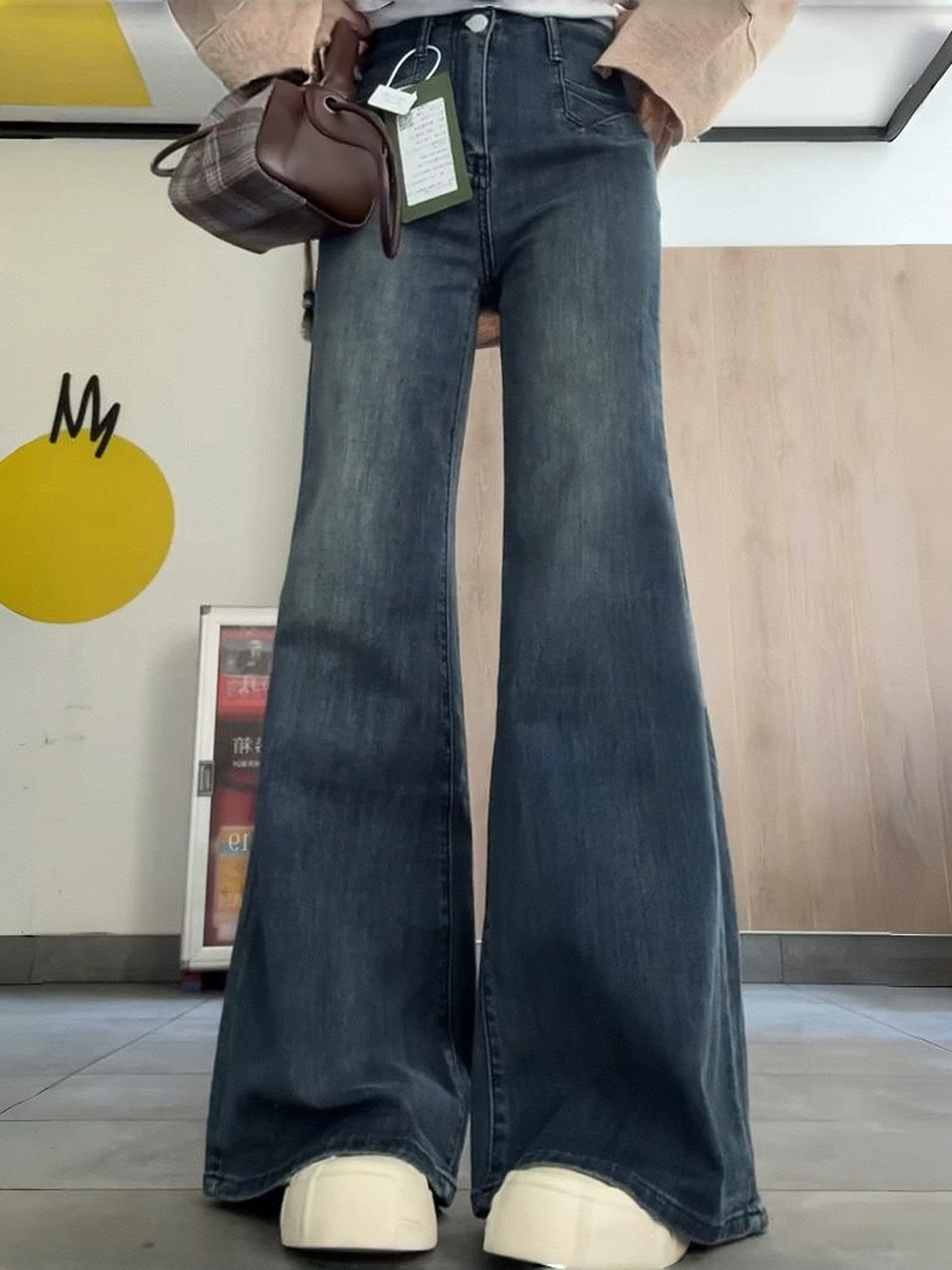 Quần jean ống loe kiểu Mỹ cổ điển dành cho nữ, mùa thu đông, cỡ lớn, lưng cao, dáng rộng, tôn dáng, lót lông cừu, dày dặn, quần ống chuông