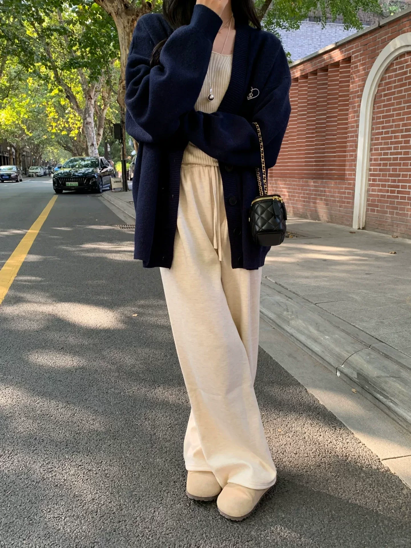 Quần lửng kiểu dáng lười biếng dành cho nữ, mùa thu đông, lót lông cừu, dày dặn, cỡ lớn, lưng cao, dáng rộng, dáng suông, quần ống rộng.