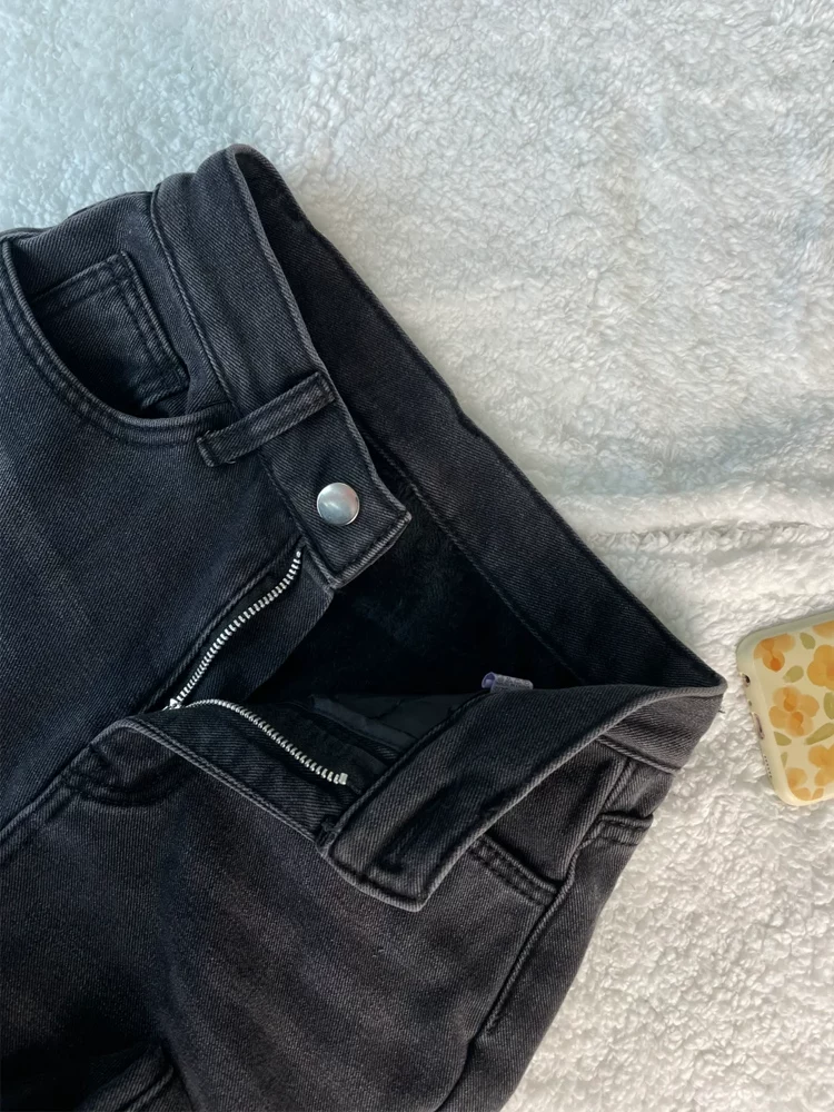 Quần jean ống thẳng dày lót lông cừu dành cho nữ, phong cách thu đông, cỡ lớn, lưng cao, dáng rộng, tôn dáng, dáng quả lê, quần ống rộng.