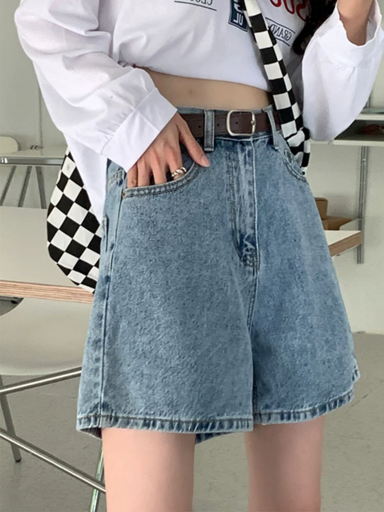 Quần short denim màu xanh nhạt hình quả lê dành cho nữ, quần ống rộng dáng chữ A cạp cao, dáng rộng, tôn dáng, mùa hè, size lớn