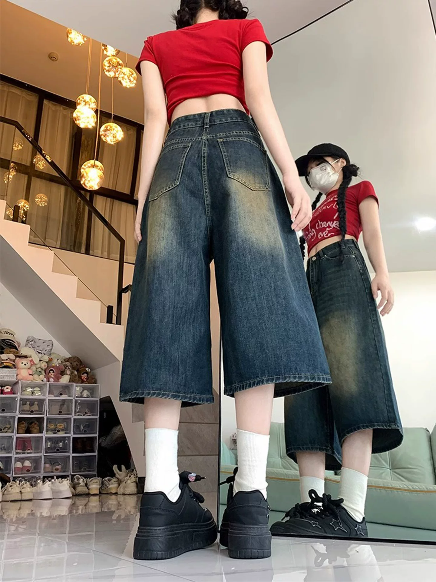Quần jeans nữ vintage ống rộng, cạp cao, dáng rộng, tôn dáng, dành cho mùa hè 2025, size lớn, kiểu dáng dài ngang gối, dành cho người có thân hình quả lê