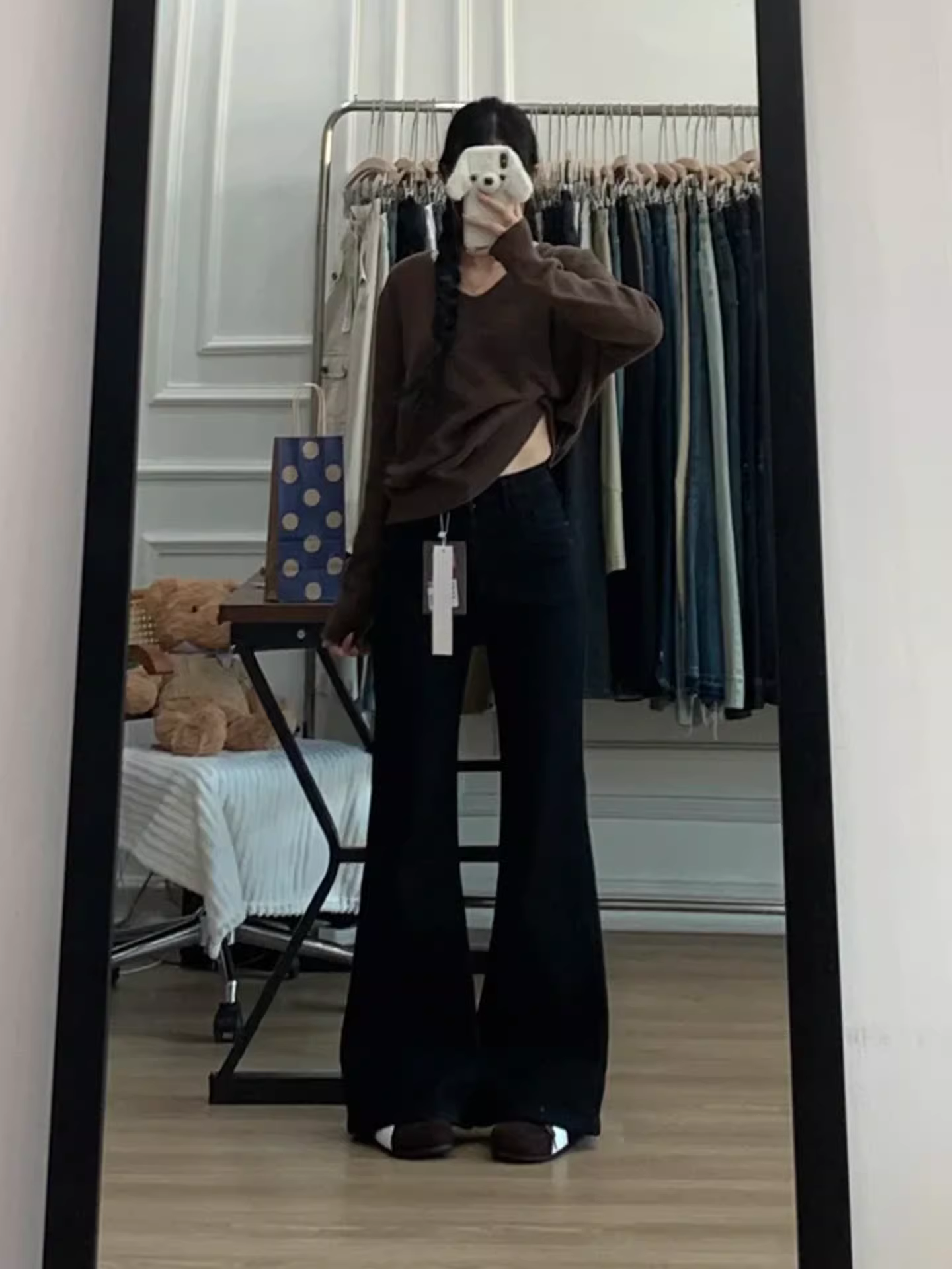 Quần jean ống loe lưng cao màu đen dành cho nữ, mùa thu đông, cỡ lớn, lót lông cừu, dày dặn, co giãn, giảm béo, quần ống chuông, dài đến sàn