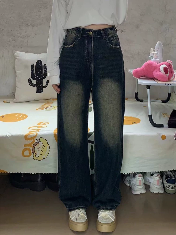 Quần jean ống thẳng kiểu Mỹ cổ điển dành cho nữ, phong cách mùa xuân mới, cỡ lớn, lưng cao, dáng rộng, che hông, quần ống rộng giảm béo