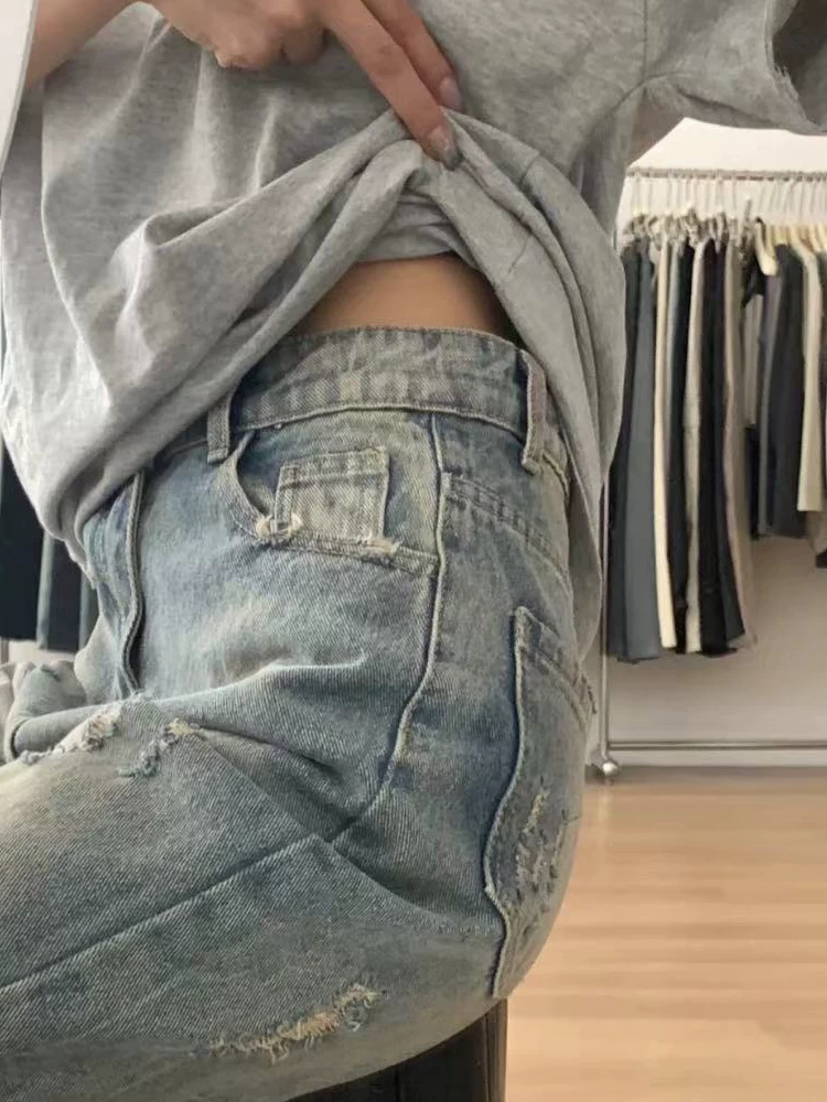 Quần jean rách màu xanh cổ điển hình quả lê dành cho nữ, cỡ lớn mùa thu, cạp cao, dáng rộng, che hông, quần ống rộng giảm béo