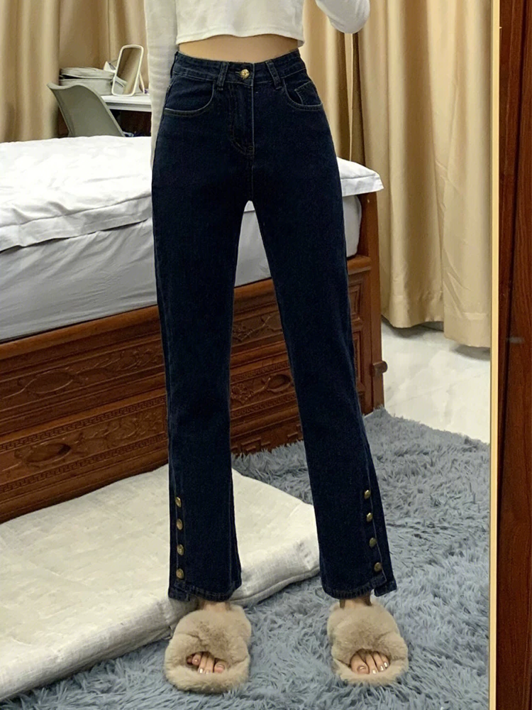 Quần jean dáng chuông, ống thẳng hơi loe dành cho nữ, phong cách đầu thu, size lớn, lót lông cừu, cạp cao, co giãn, che hông.