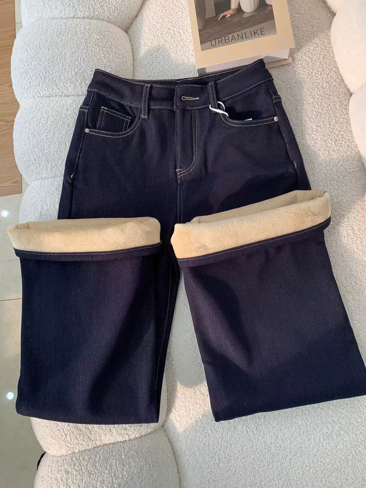 Quần jean ống loe lót lông màu xanh đậm dành cho nữ, mùa thu đông, cỡ lớn, lưng cao, dáng suôn, tôn dáng, không bó sát, quần ống chuông