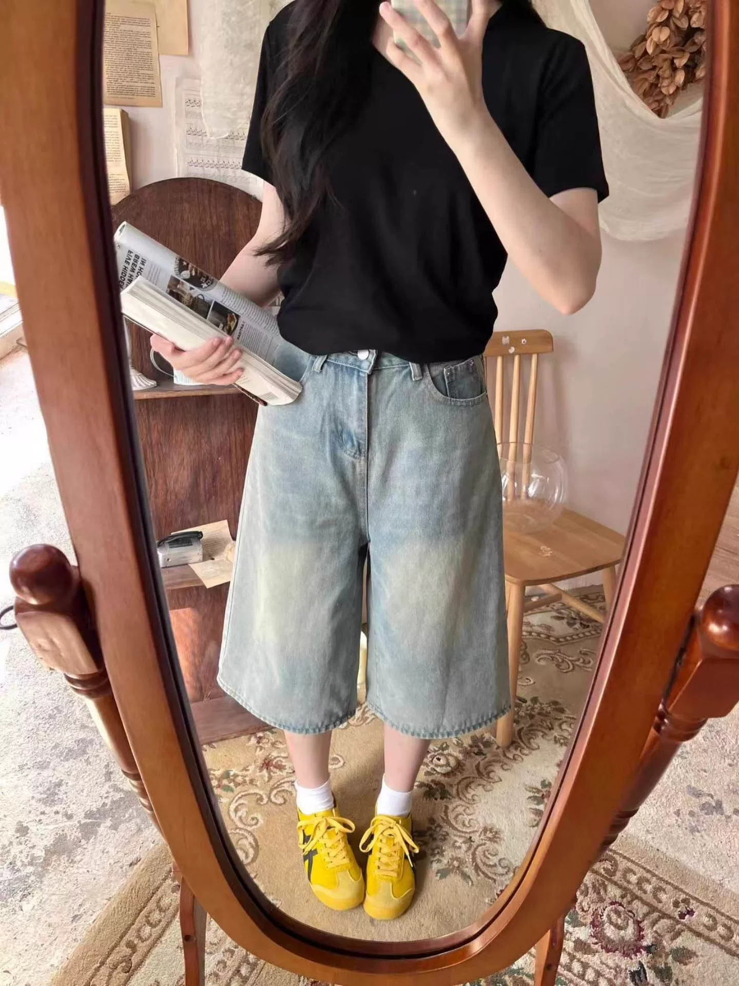 Quần capri denim ống thẳng cổ điển màu sáng dành cho nữ, phong cách mùa hè mới, cỡ lớn, lưng cao, dáng rộng, dáng rộng, quần ống rộng.