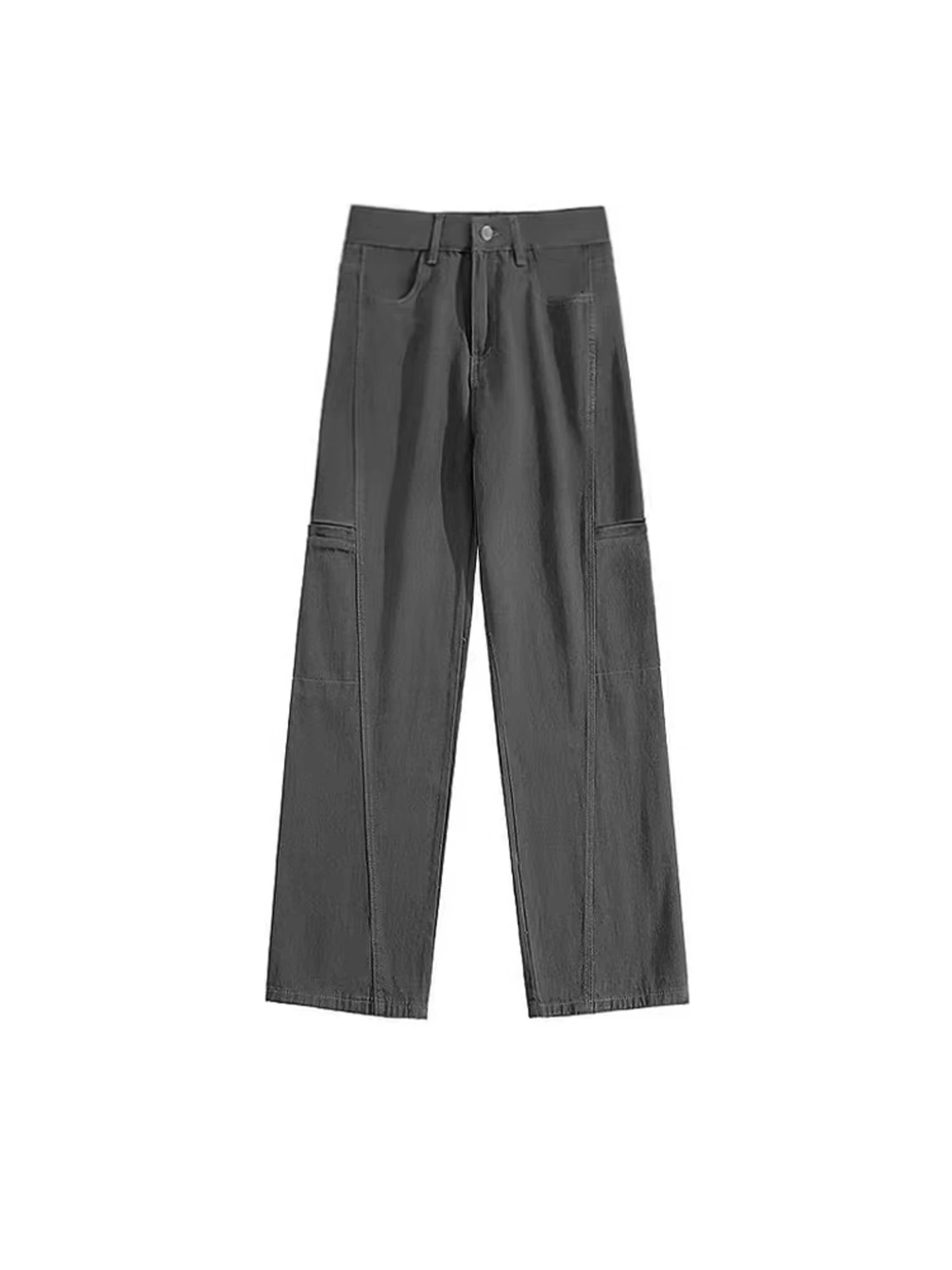 Quần cargo ống rộng màu xám dành cho nữ, phong cách đầu thu, cỡ lớn, lưng cao, dáng rộng, dáng thon gọn, dáng quả lê, quần jean ống thẳng