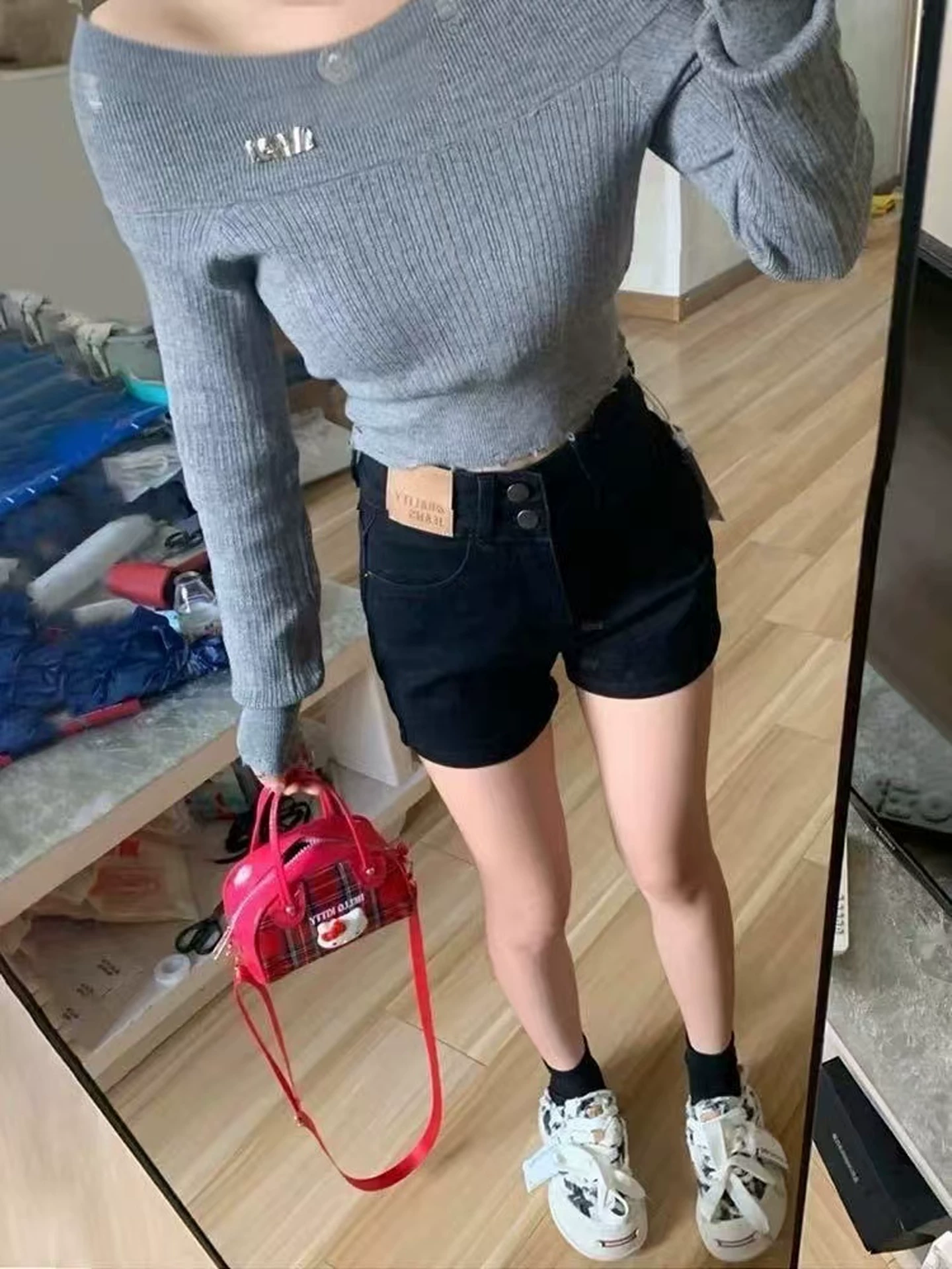 Quần short denim đen dành cho nữ, mùa hè, cỡ lớn, lưng cao, co giãn, giảm béo, dáng quả lê, dáng chữ A, quần ống rộng