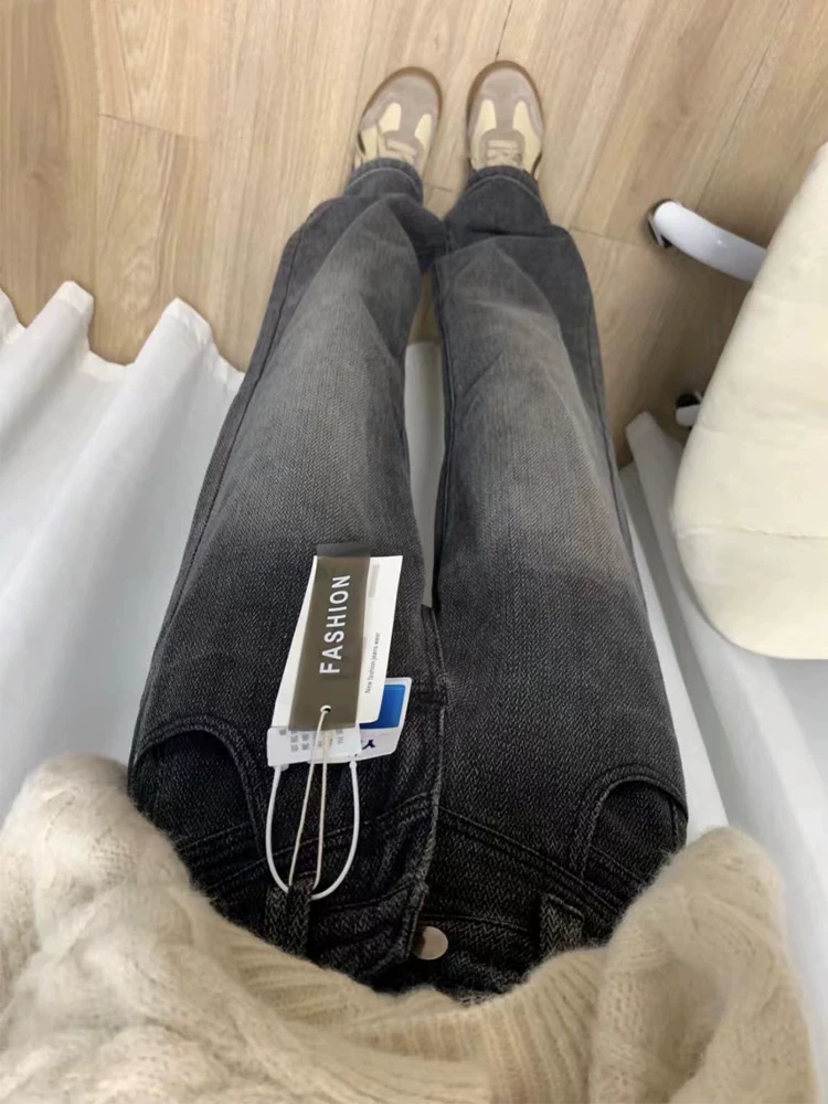 Quần jean ống đứng màu đen và xám dành cho nữ, mùa thu đông, cỡ lớn, lót lông cừu, dày dặn, lưng cao, dáng rộng, giảm béo, quần ống rộng.