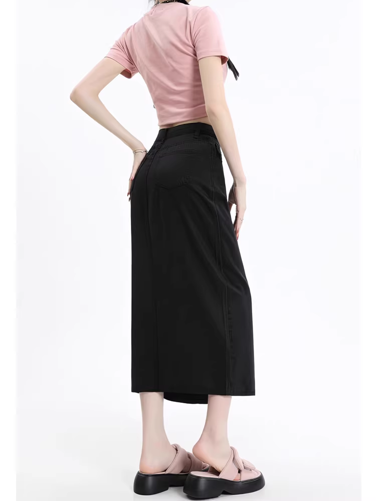 Váy denim Tencel dành cho nữ, cỡ lớn mùa hè, lưng cao, xẻ tà, che bụng và hông, tôn dáng, váy chữ A dài vừa phải.