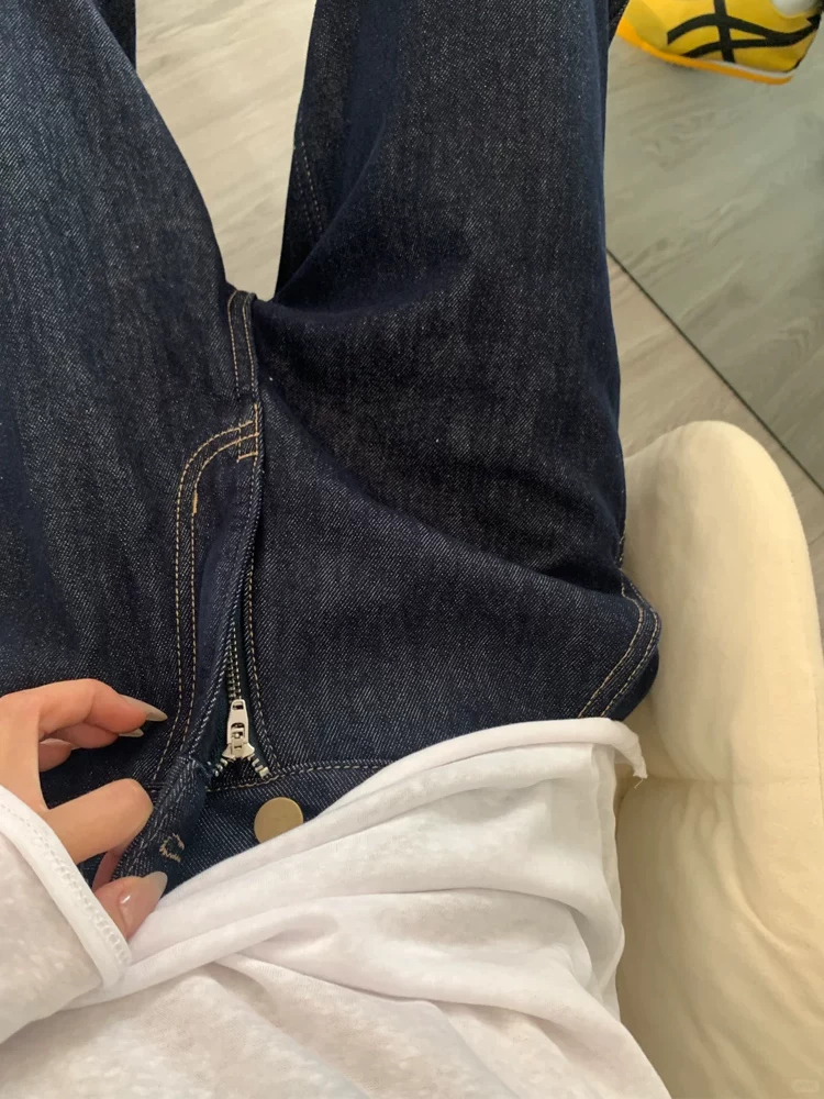 Quần jean ống đứng màu xanh đậm dành cho nữ, mùa thu đông, cỡ lớn, lót lông cừu, dày dặn, cạp cao, che hông, giảm béo, quần ống rộng.
