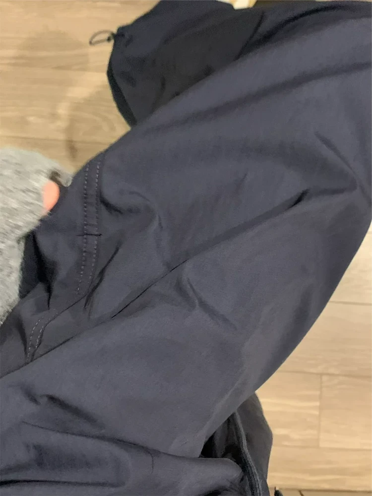 Quần cargo ống rộng màu xanh hải quân dành cho nữ, kiểu dáng mỏng mùa hè, cỡ lớn, lưng cao, giảm béo, dáng quả lê, quần thể thao thông thường