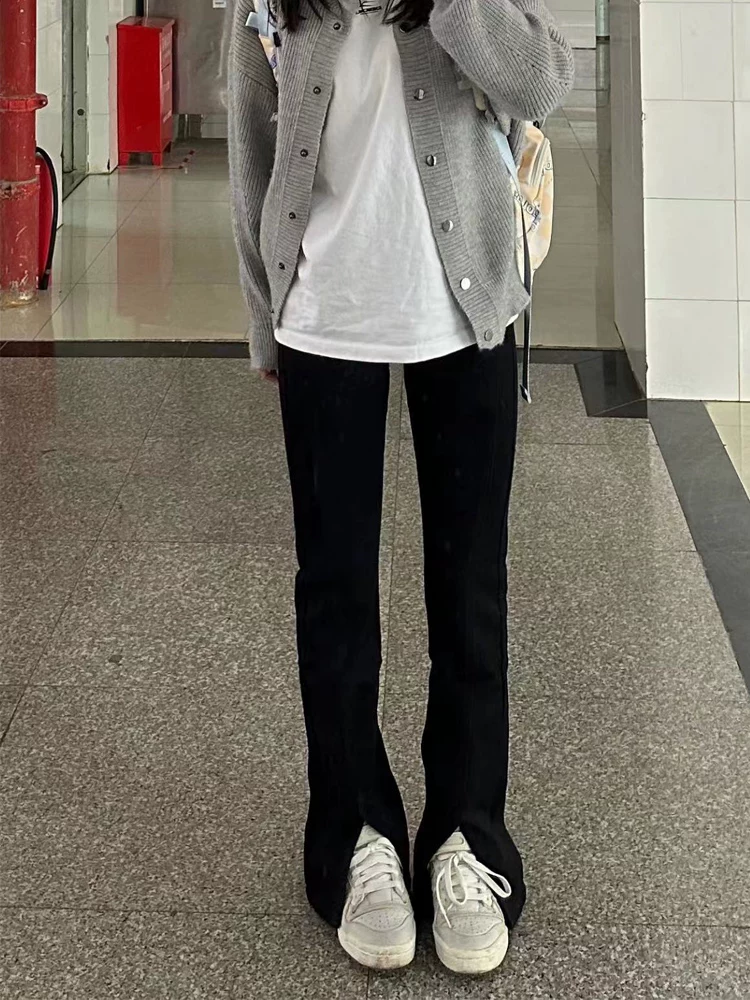 Quần jean đen dáng lê dành cho nữ cỡ lớn, kiểu mới đầu thu, cạp cao, co giãn, xẻ tà, tôn dáng, ống thẳng